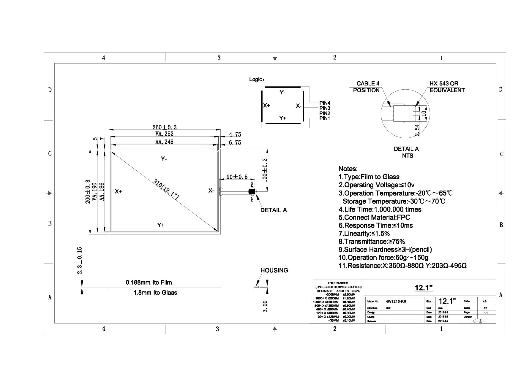 Rysunek techniczny - nakładka dotykowa rezystancyjna 4W 4W1210-KR